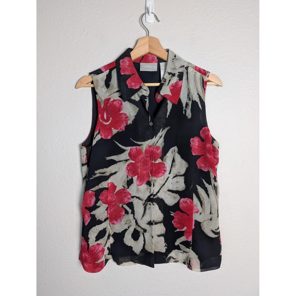 Liz Claiborne Collection Button-Up Womens 10 Black Floral Collared Chiffon
